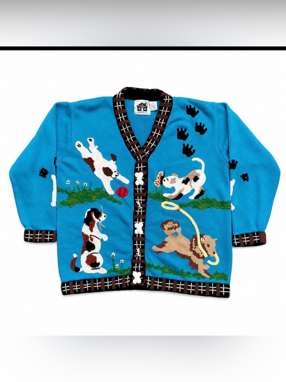 Vintage 90s Storybook Knits Womens Blue Playful Dogs Cardigan Sweater Size Large